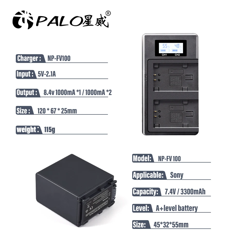 PALO NP FV100 NP-FV100 FV100 Batteries + LCD USB Charger for Sony NP-FV30 NP-FV50 NP-FV70 SX83E SX63E FDR-AX100E AX100E Camera