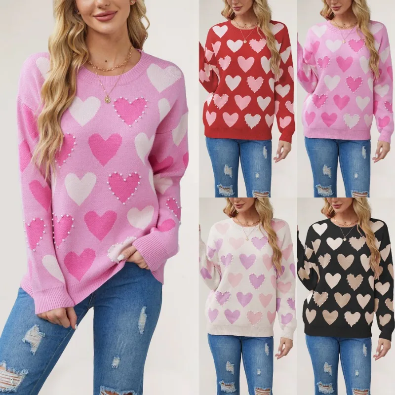 

Valentine S Day Women S Heart Print Knit Sweater with Long Sleeves and O Neckline - Handmade Beading Cozy Knitwear for The