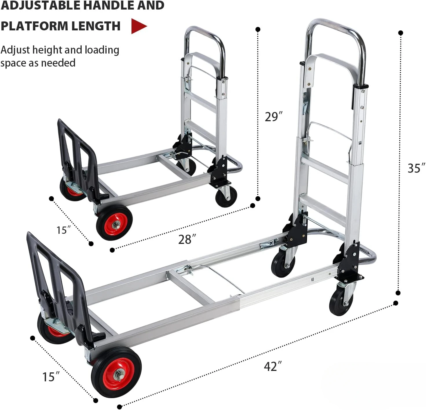 Aluminium Hand Truck Dolly Heavy Duty 440lbs Capacity 2 in 1 Convertible Folding Hand Truck with Pneumatic Wheels and Telescopin