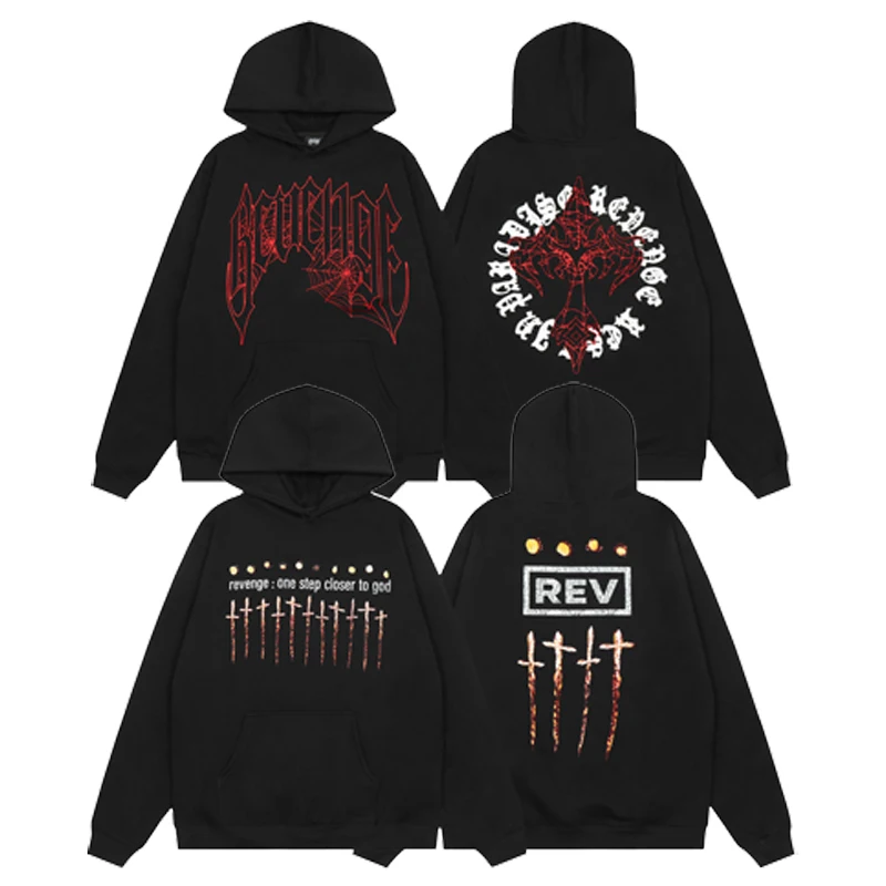 American Street REVENGE Sweatshirts Cross Letter Print Pattern Casual All-match Pocket Design Revenge Couple Hoodies Pullovers