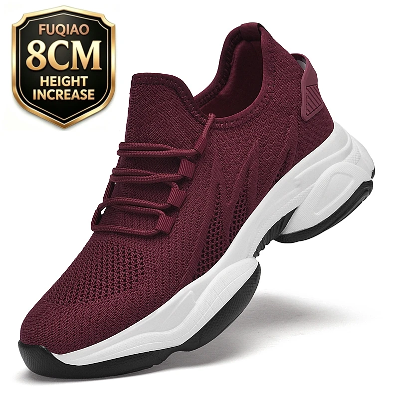 Men Invisible Height Increase Shoes 8CM Elevator Sneakers Breathable Knit Upper Thick Sole Non Slip Casual Walking Footwear