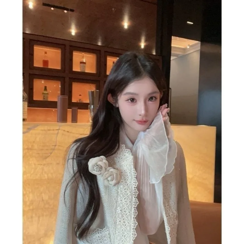 Autumn Winter Lace Patchwork Sequins Tweed Jacket Women Cropped Top Casual Coat 3D Floral Clothes Women Sweet Cardigan Trendy