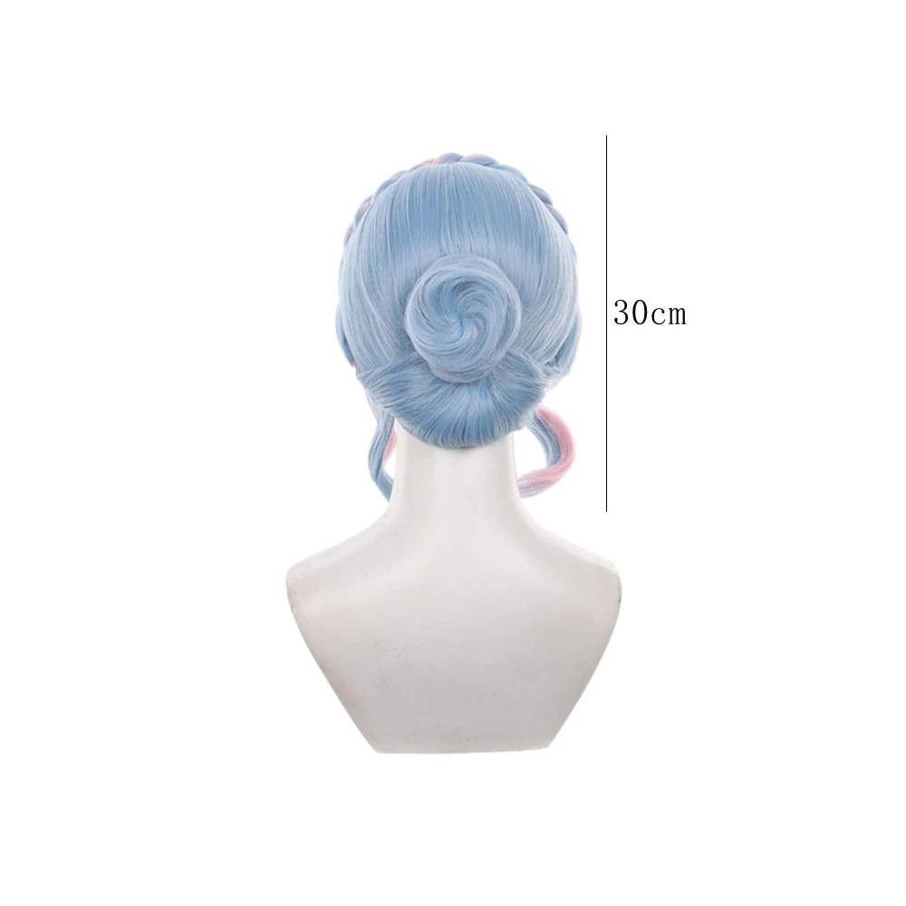 Pastel Blue Pink Ombre Short Wavy Synthetic Wig with Braided Crown and Curled Ends for Cosplay Party Daily Elegant Styling