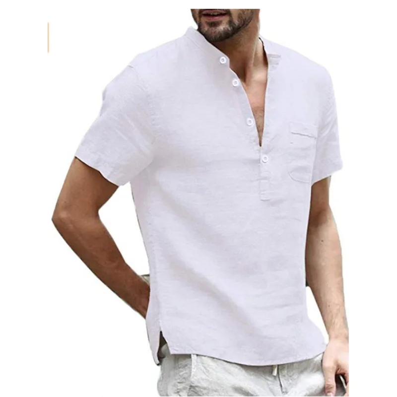 T-shirt à manches courtes en coton et chanvre pour homme, col montant, bouton, demi-ouvert devant, chemise simple, été, nouveau, 2024