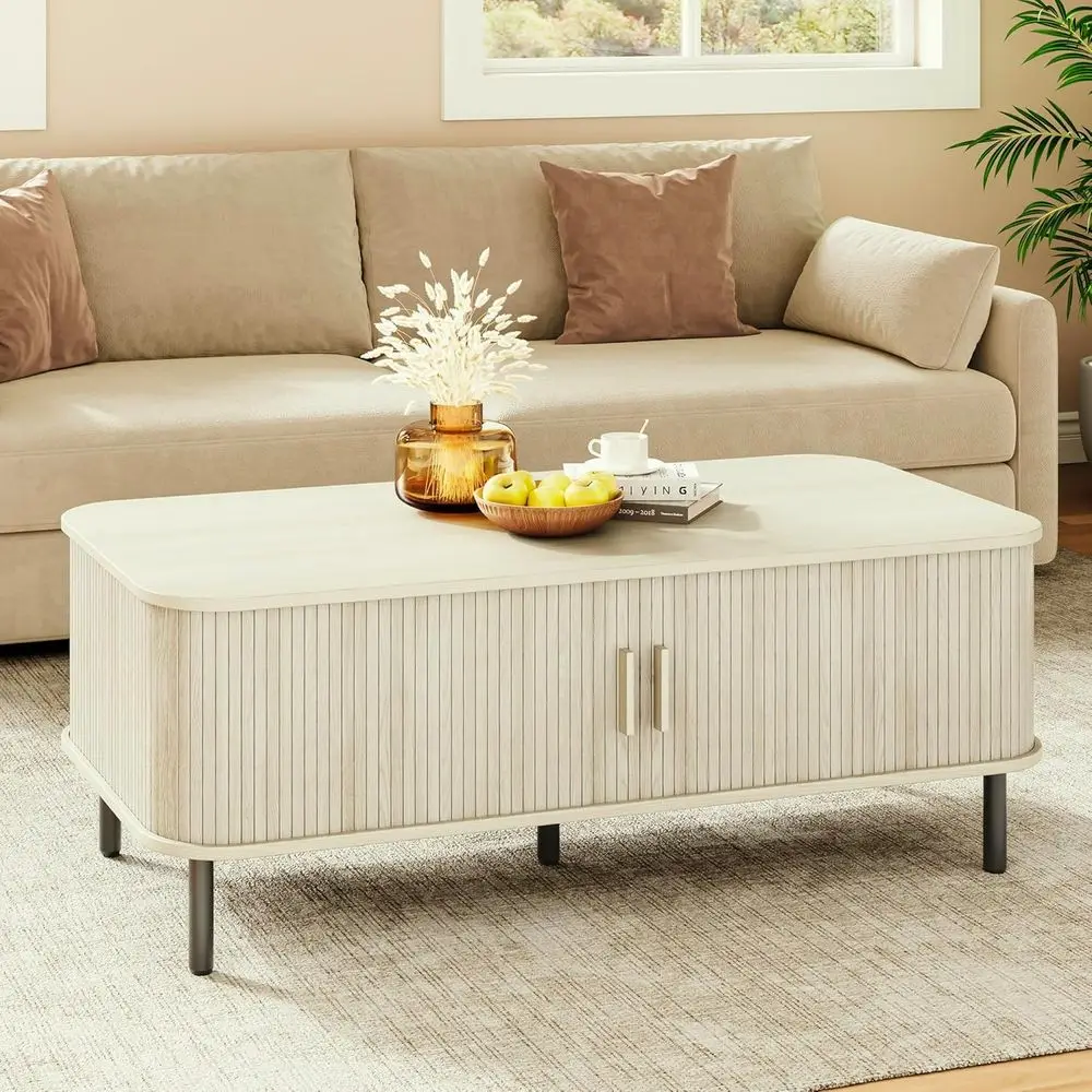

47.2 Inch Modern Coffee Table with Storage, Sliding Door and Adjustable Legs for Living Room, Office or Bedroom, Natural White