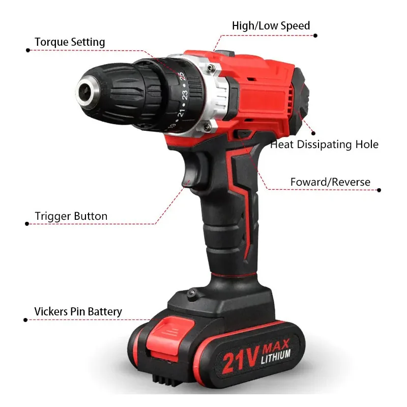 21V Cordless Electric Screwdriver 2 Functions Wireless Impact Drill Mini Lithium Battery Charging Hand DIY Electric Power Tools
