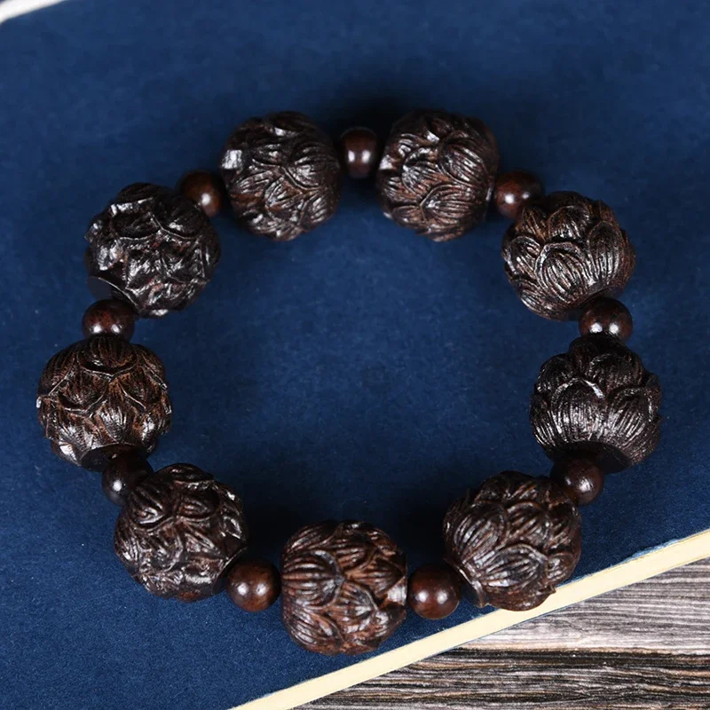 Leather Black Wood Skin Gray Carved Human Head Pixiu Bracelet Eighteen Arhat Bead