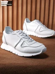 Mens Fashion White Casual Shoes Lace Up Genuine Leather Sneakers Vintage Ventilation Comfortable Thick Bottom Jogging Shoes Male