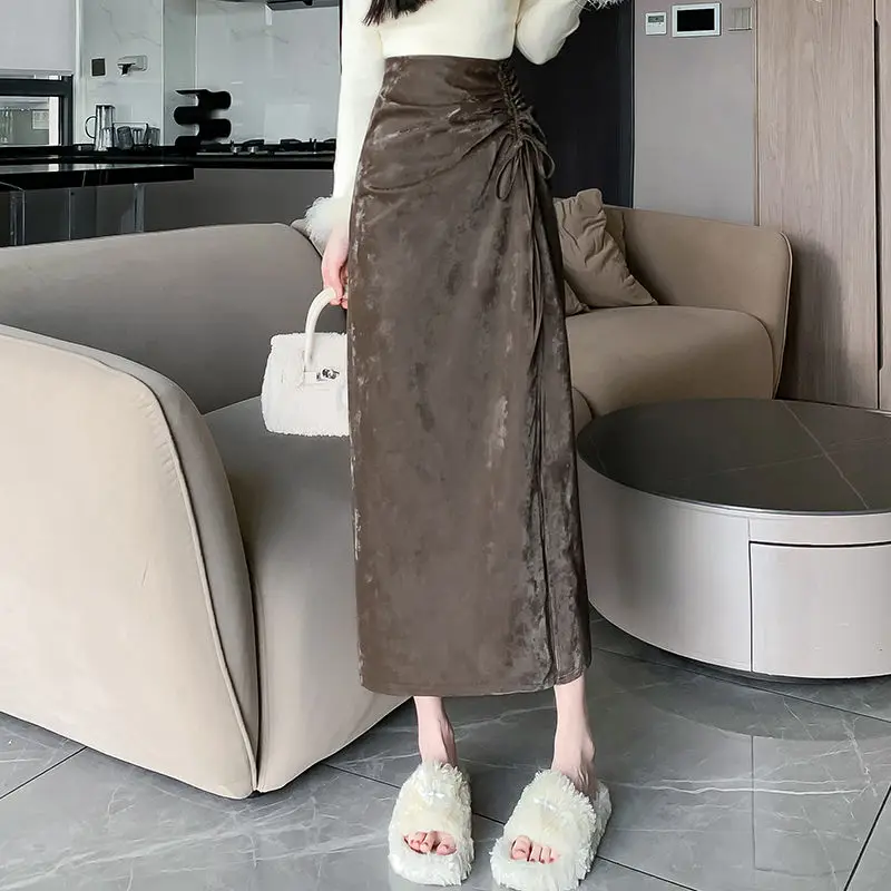 Slit Half A-Line Skirt Autumn Winter High Waist Slimming Mid-Length National Style Heavy Industry Jacquard PU Leather Hip Skirt