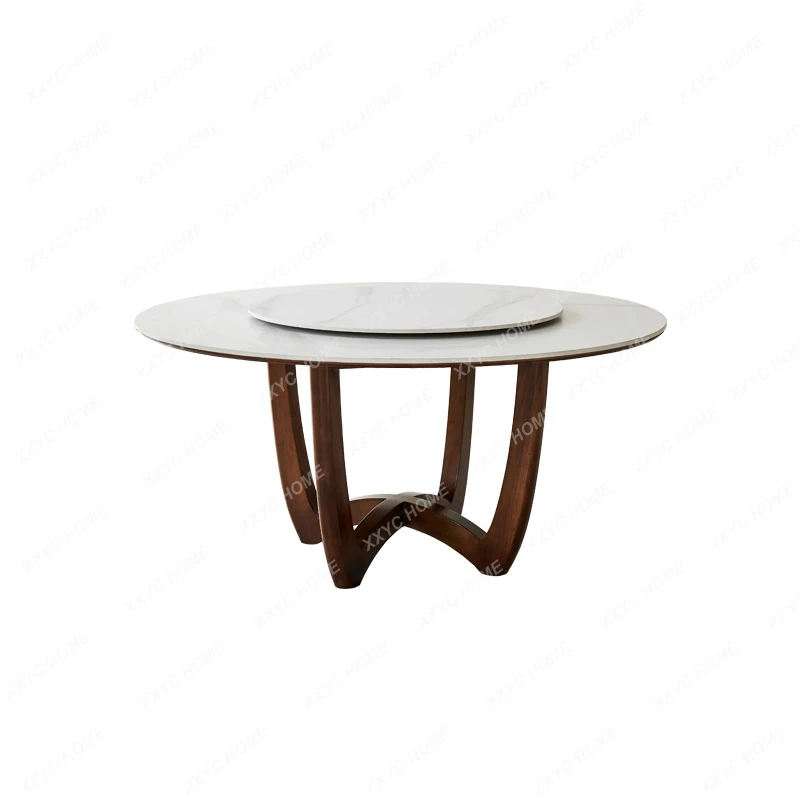 

Light Luxury Small Apartment Solid Wood Dining Table round Household with Turntable Rotatable 10 People Stone Plate Round Table