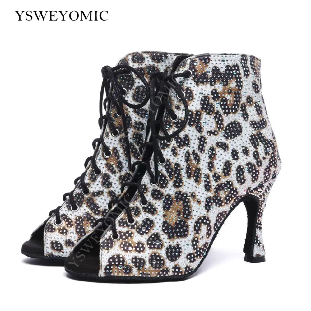 YSWEYOMIC Black Leopard Strass Dance Booties Indoor Suede Latin Ballroom Women Dance Shoes