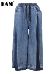 [EAM] Jeans a gamba larga a blocchi di colore in denim blu navy a vita alta Nuovi pantaloni larghi da donna Moda marea Primavera Autunno 2024 1DE 765817