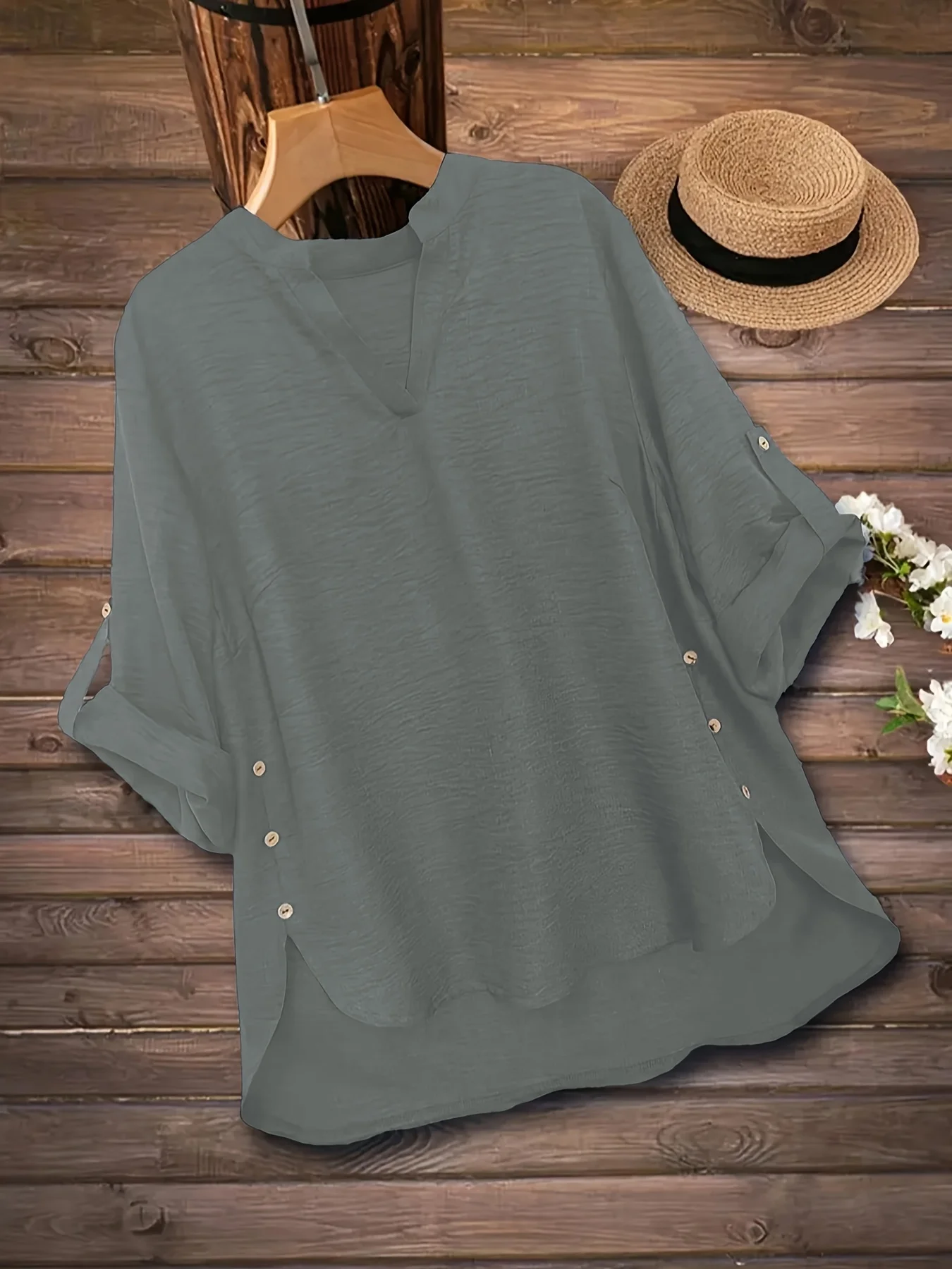 Elegantes Plus-Size Damen-Tunika-Oberteil mit Knopfleiste für mühelosen Stil und ganztägigen Komfort – Detail 9