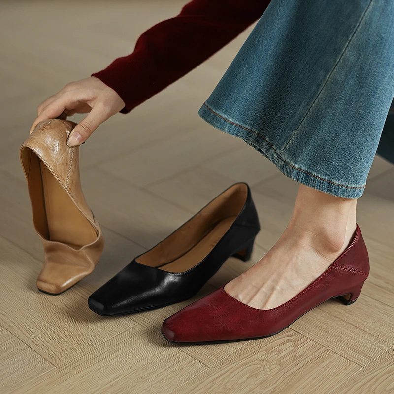 2026 new spring autumn women pumps natural leather 22-25cm cowhide+pigskin square toe high heel  women shoes fashion loafers
