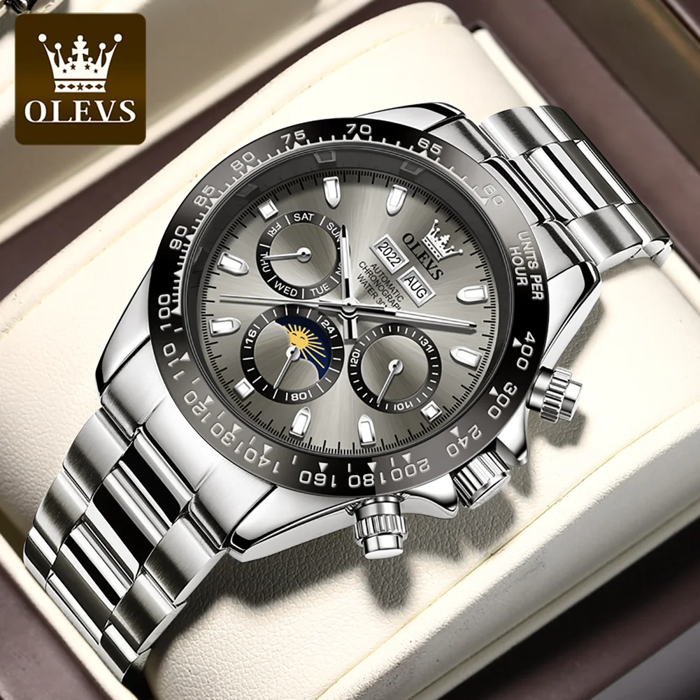 OLEVS 6654 Mens Watch Original Luxury Brand Chronograph Automatic Mechanical Sports Wristwatch Waterproof Luminous Watch For Man