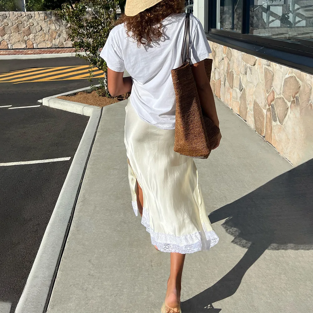 Women's Satin Solid Color Lace Trim Split Midi Skirt 2025 Summer Elegant High Waist Bodycon Pencil Skirt Casual Party Dress