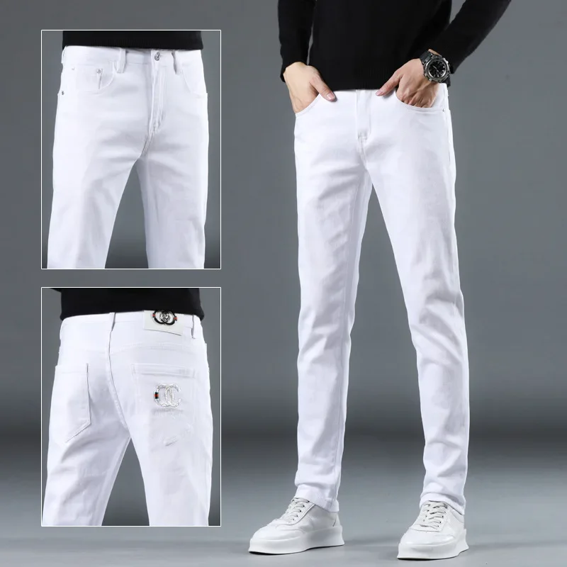 Trendy European Brand White Jeans For Men Slim Fit Autumn New Elastic Cotton Pants Casual Scene Small Foot Pants