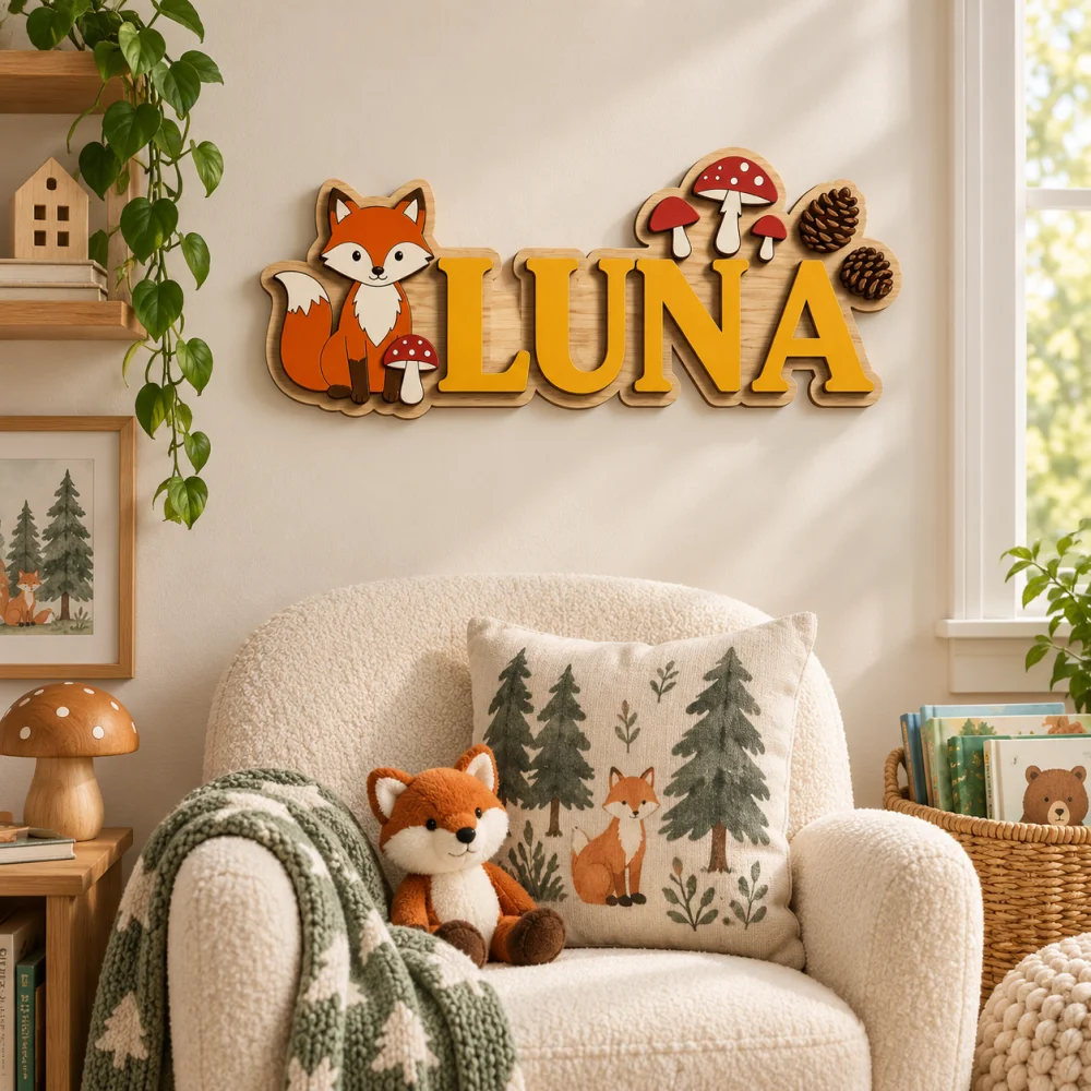 Woodland  Custom Wood Name Plate, 2-Layer 3D Letter Name Sign with Mushroom & Pinecone,Personalized Kids Room Door Decor Gift