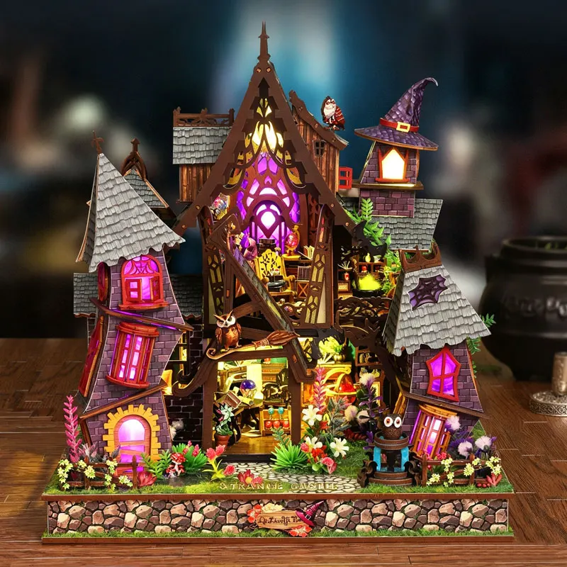 

Zuuton DIY Miniature Dollhouse Kit With Furniture And LED Lights 3D Wooden Puzzle Halloween Witch House Model Building Kits Gift