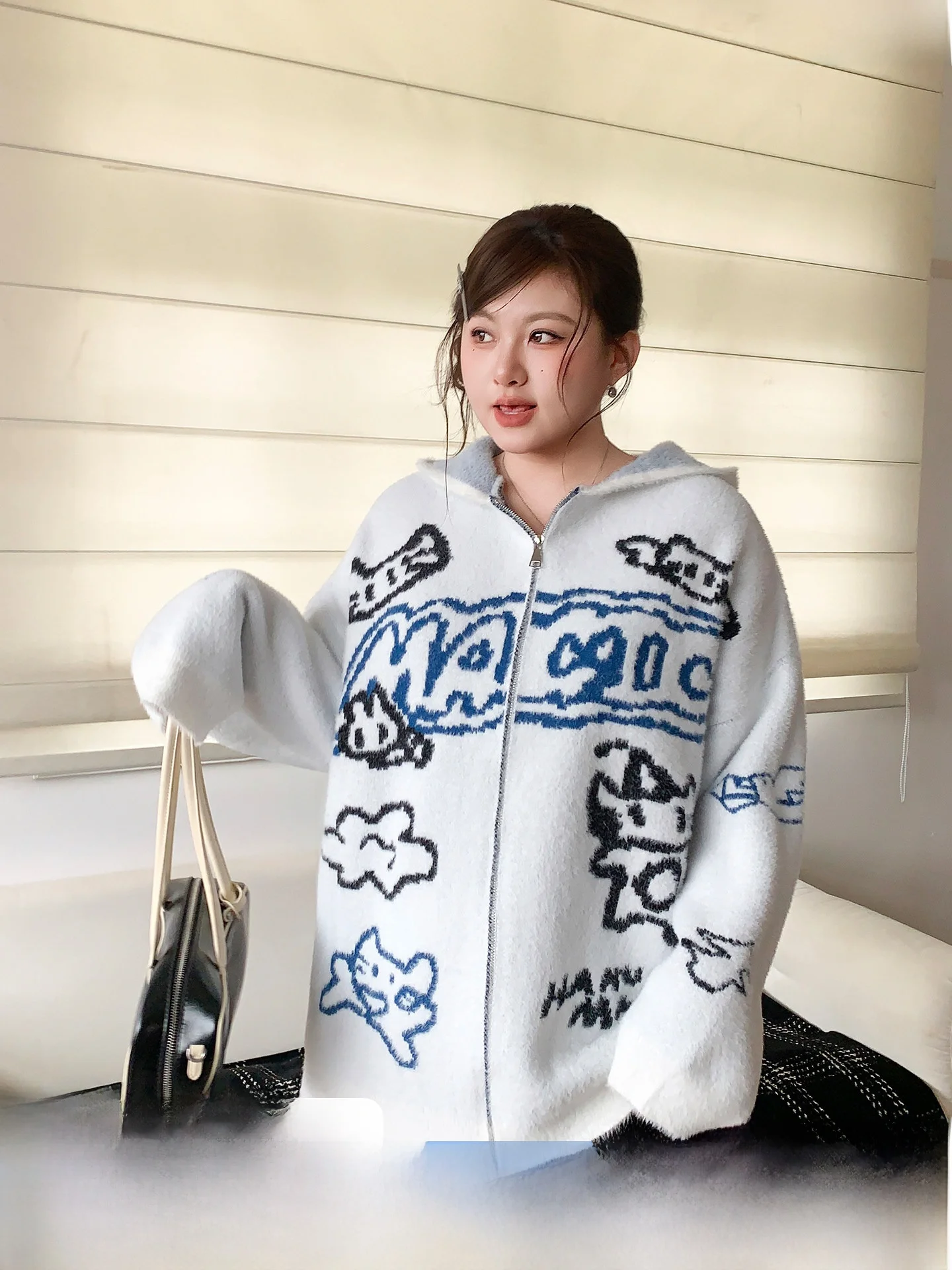 

YUZI Sweet Cool Pattern Hooded Knitted Jacket Loose Casual Zipper Design Large Size Women's Open Cardigan Winter Outerwear