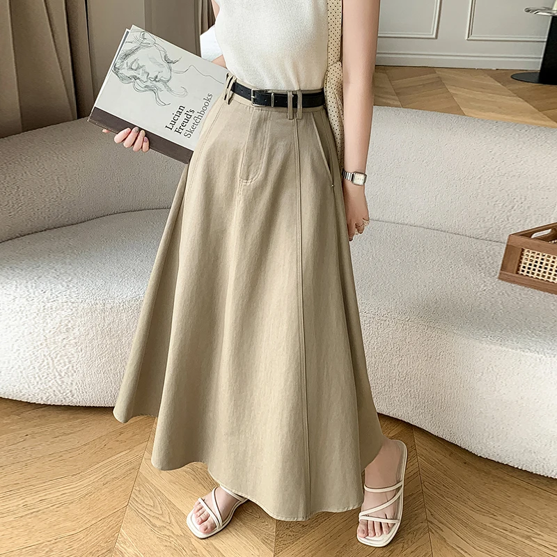 In Stock Mid-Length Denim Skirt for Women 2025 Spring Summer High Waist A-Line Flared OL Over-the-Knee Pleated Long Skirt