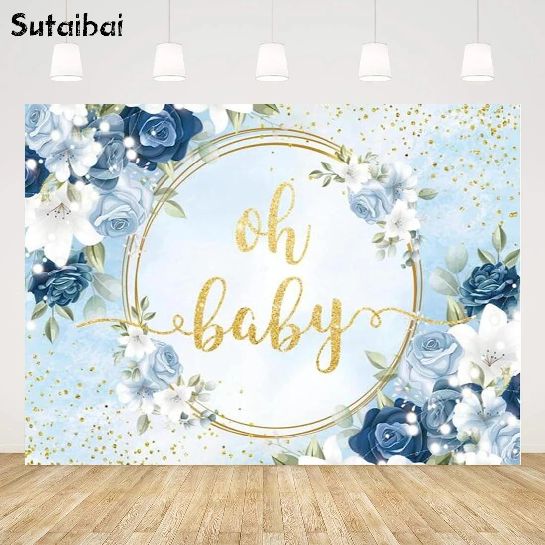 Blue Flowers Oh Baby Shower Party Backdrop Watercolor Modern Boy Girls Floral Photography Background Cake Table Banner