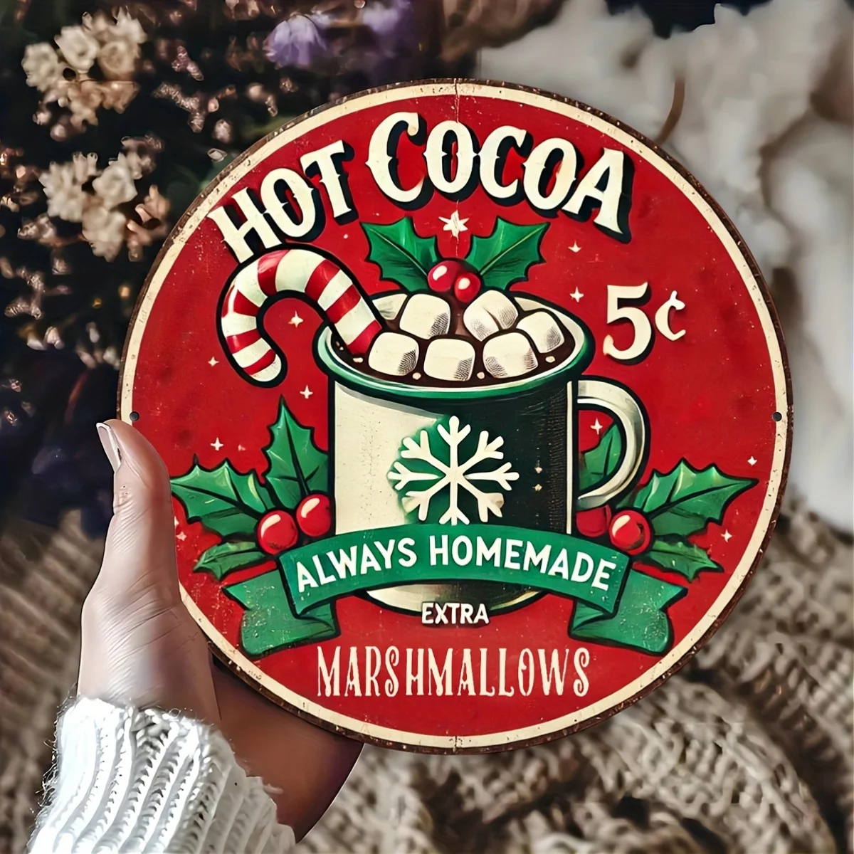 Letrero Vintage Hot Cocoa & Marshmallow 5¢ - 7,87 "x 7,87" Arte de pared de aluminio impermeable para decoración de cocina, panadería y cafetería