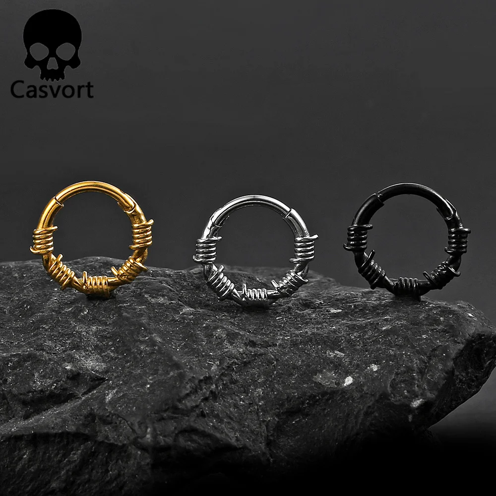 Casvort 1PCS 8mm Stainless  Barbed Wire Nose Rings Septum Hinged Clip Cartilage 16g Hoop Earrings Piercing Jewelry Chic Wild