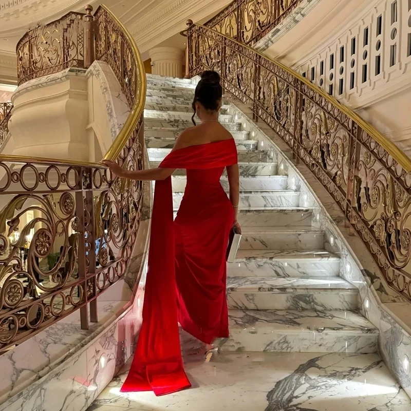 A-Line Red Satin Long Prom Dress Pleated Off The Shoulder Evening Dress High Side Slit Party Dress Gowns Saudi Arabia 2024