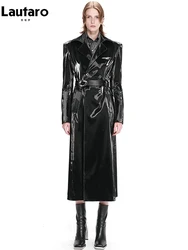 Lautaro Autumn Long Black Waterproof Reflective Patent Leather Trench Coat for Women Belt Double Breasted European Fashion 2022