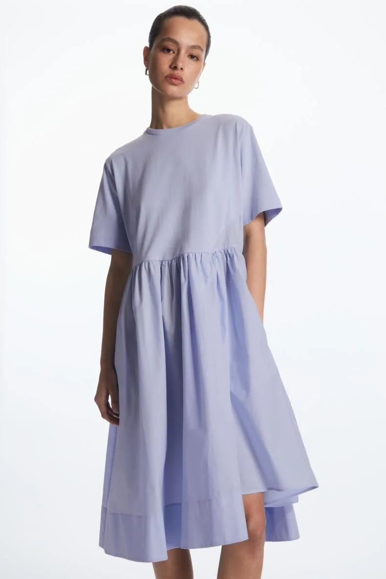 COS femmes décontracté pli t-shirt Dr bleu été moderne Sle rond Ne taille ample ort Sve mi-longue a-ligne jupe