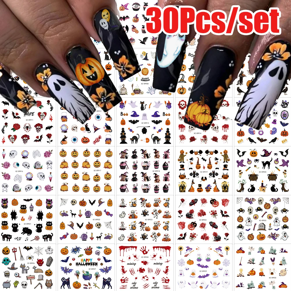 

30Pcs 3D Halloween Cartoon Ghost Spider Bat Pumpkin Nail Stickers Mixed Punk Black Halloween Nail Decal 5x6cm Manicure Slider &*