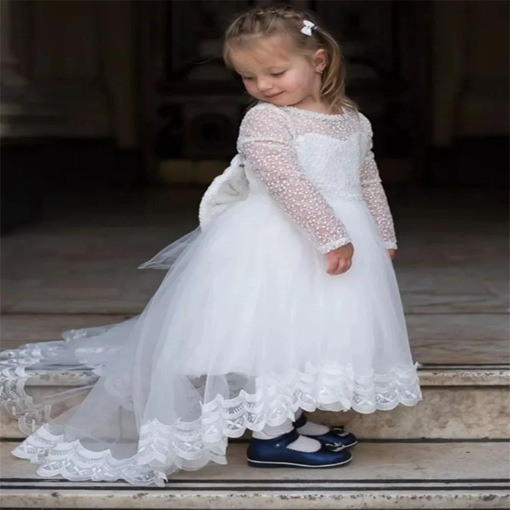 

White Lace Flower Girl Dress For Wedding Tulle Full Sleeve With Bow Cute Kids First Communion Birthday Party Dress Ball Gowns