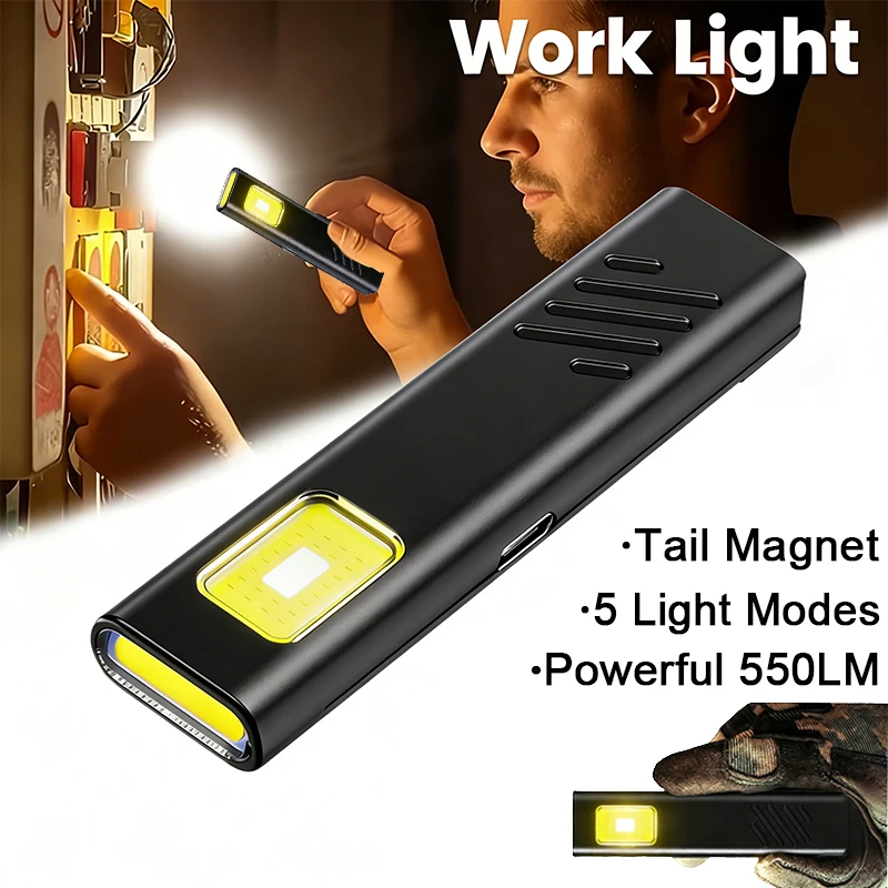 LED COB Flashlight Type C Rechargeable 600LM Portable Mini Torch Pocket Lantern Flood Work Light With Magnet For Emergency