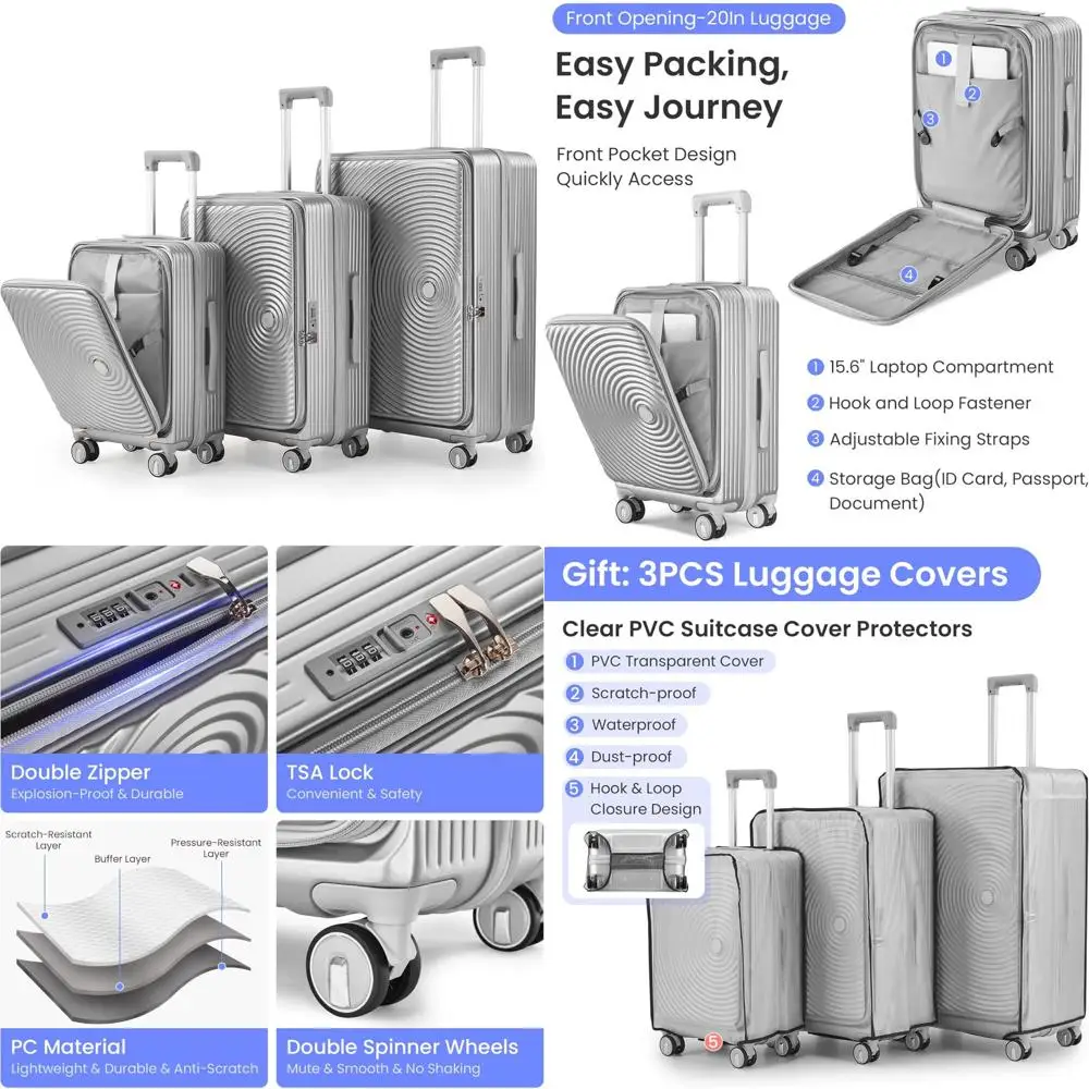 

расширяемый комплект багажа из трех предметов с замком tsa и двойными колесами, твердые чемоданы с передним отверстием