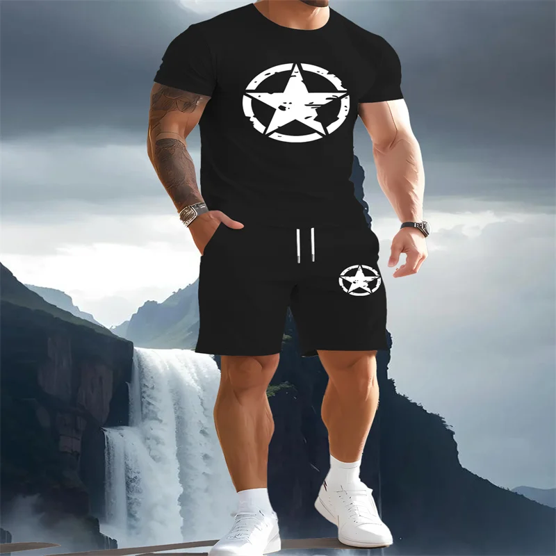 

Fashion men's sportswear short sleeved shorts set round neck T-shirt shorts set solid color cool breathable summer two-piece set