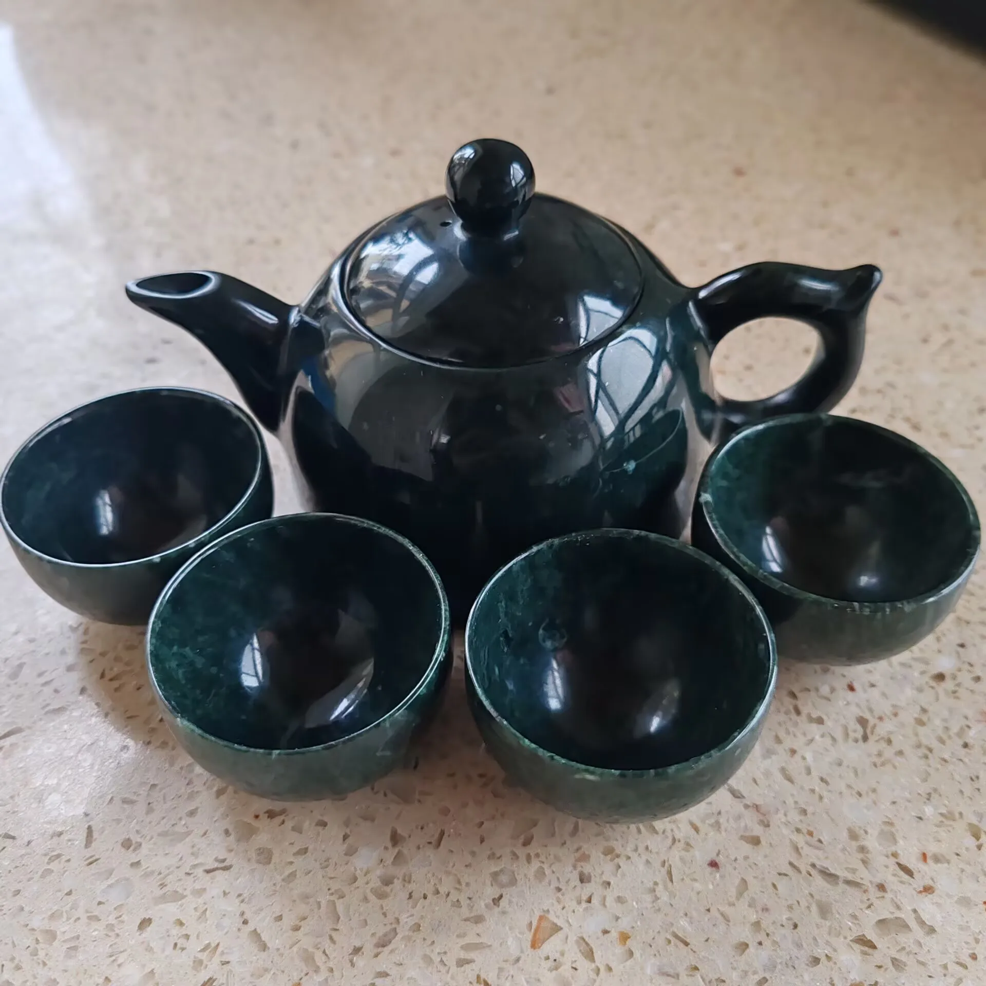 Chinese Tea Ceremony Teaset Set Tibetan Medicine King Stone Healing Magnet Green Jade 1 Pot With 4 Cups Tea Set Kung Fu Teasets