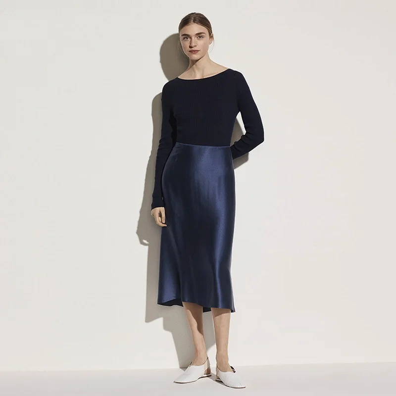 Birdtree, OEKO-TEX, 22MM 100% Real Silk Skirt, High Waist, Women Solid Elegant Slim Skirts, Ruffle Hem, 2026 Autumn New D68814JF