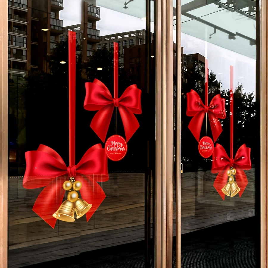 2 Weihnachts-Fensteraufkleber mit Schleifen- und Glockenglasmotiv, perfekt für festliche Party-Einstellungen und Urlaubsdekoration