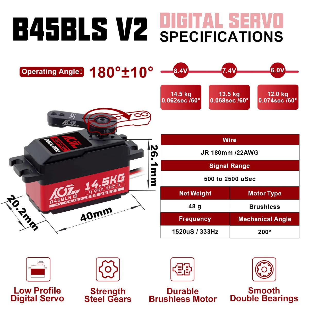 AGFRC B45BLS V2 48g HV 2BB Steel Gear 14.5KG Brushless Low Profile Fast Speed Servo Motor For 1/10 1/12 Scale RC Drift Car Boat