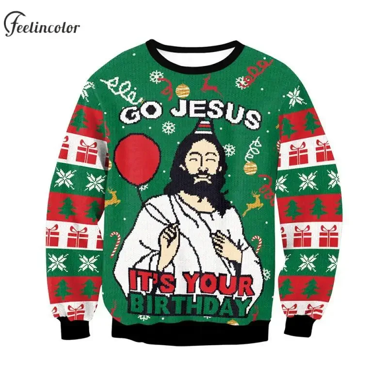 Go Jesus Your Birthday Ugly Christmas Sweatshirt for Men Holiday Party Pullover Autumn Loose Casual Hoodies Couples Clothes