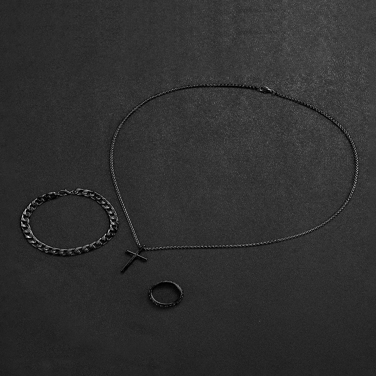 Relógio de quartzo compulseira de aço masculino conjunto de joias pretas sem caixa، الأعمال، 4 قطع/مجموعة