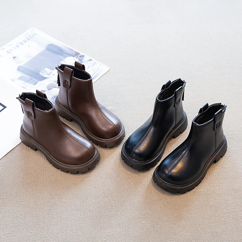 

Весенне-осенние детские классические кожаные ботинки, черные, коричневые повседневные короткие ботинки для девочек, простые детские модные ботильоны на толстой подошве