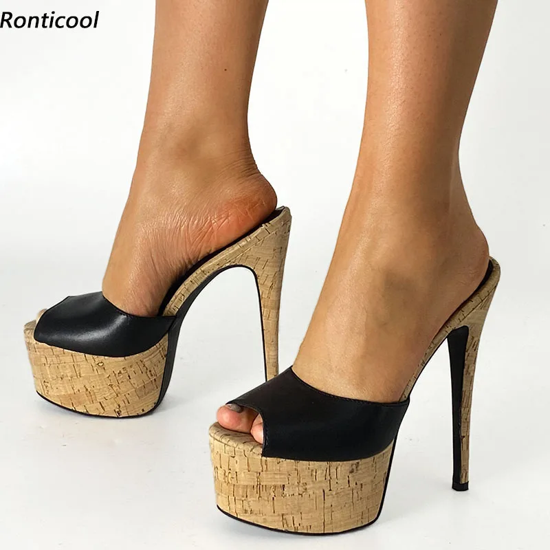 Ronticool 2021 New Women Platform Slingback Sandals Heeled Slippers Stiletto Heels Open Toe Charm Black Beach Shoes US Size 5-20