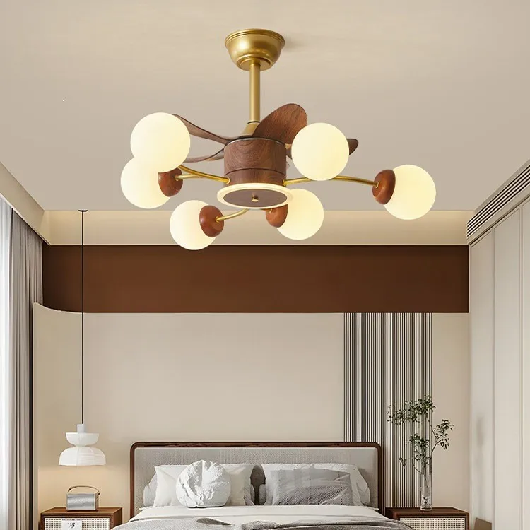 Living Room Fan Light Light French Retro Multi-head Ceiling Fan Light Medium Antique Walnut Wood Grain Color