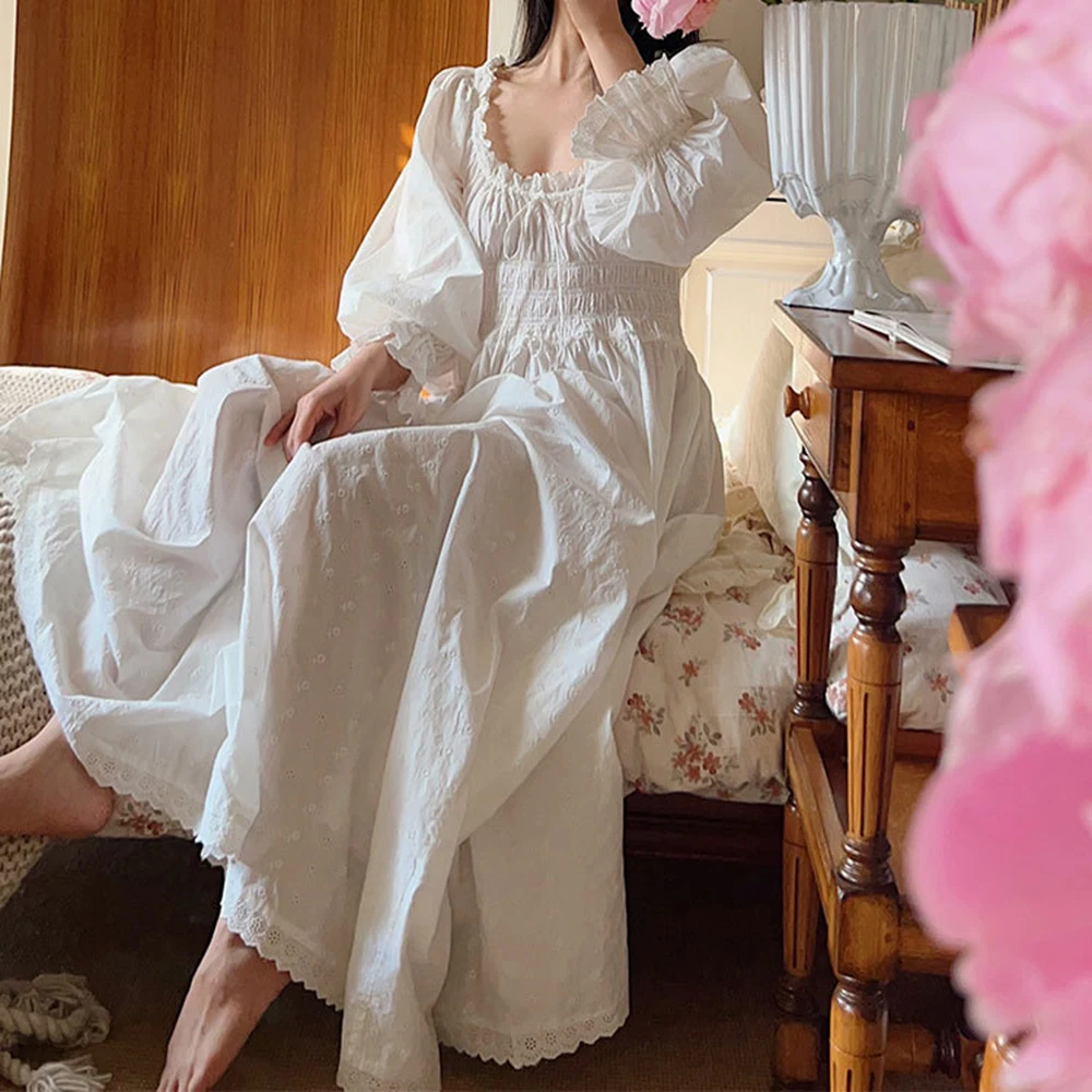 2024 New 100% Cotton Embroidery Women Nightgown Beautiful Vintage Nightdress Long White Palace Retro Princess Sleepwear Longue