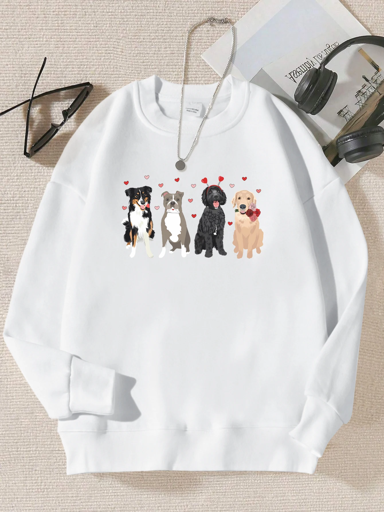 

Lovely Dogs & Heart Pattern Sportswear Women Street Casual Sweatshirt Autumn Loose Pullovers Fleece Unisex Fleece Clothing