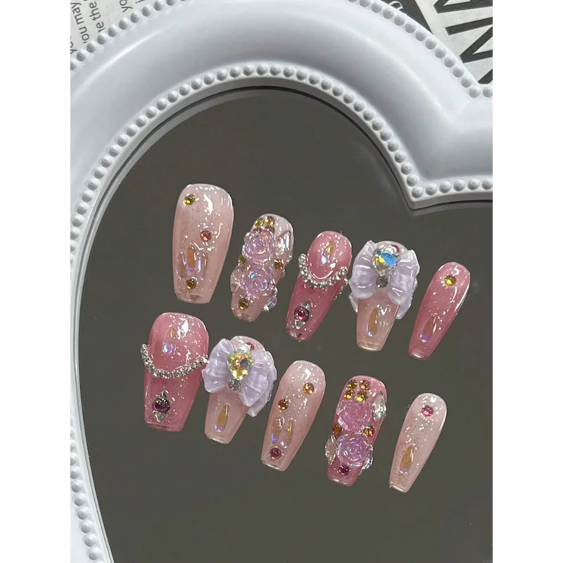 

10 листов в упаковке, чистые ногти ручной работы, водопроводные ногти в виде гроба, розовые, фиолетовые украшения с бантом, накладные ногти, носимые ногти