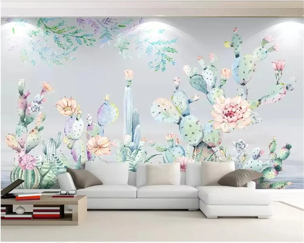 Fotobehang Nordic Cactus Tropische Plant bloemen Muurschildering Woonkamer Slaapkamer Interieur decoratieve waterdichte zijden muurschildering