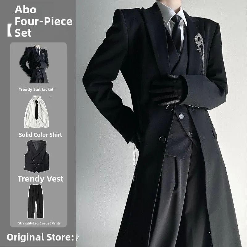 

2025 New Mountain Brand Long Tailored Coat Neutral Sle High-End Bla oulder-Length Outerwear Four-Piece Set for Men